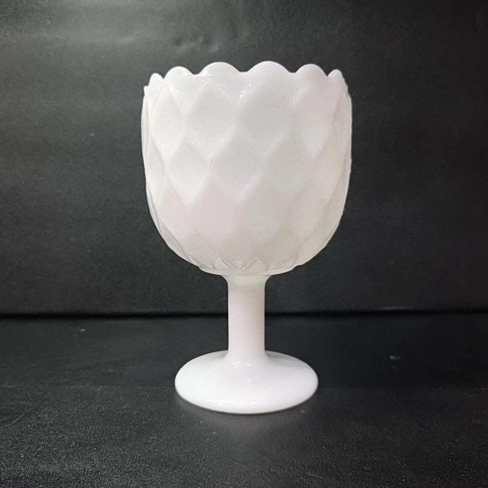 Milk Glass Diamond Pedestal Compote, Vintage White Textured‎ Goblet, Replacement
